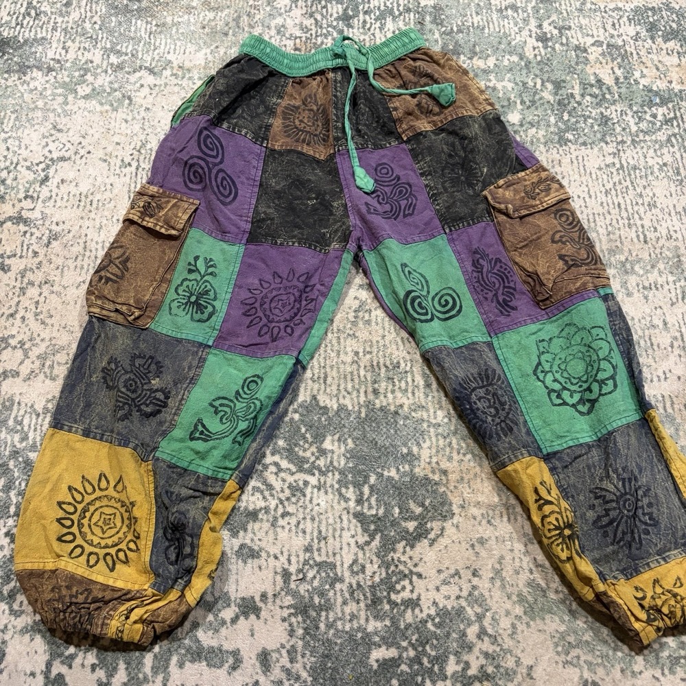 Hippie Boho Patchwork Harem Pants Made in Nepal Cotton Cargo Pockets S/M